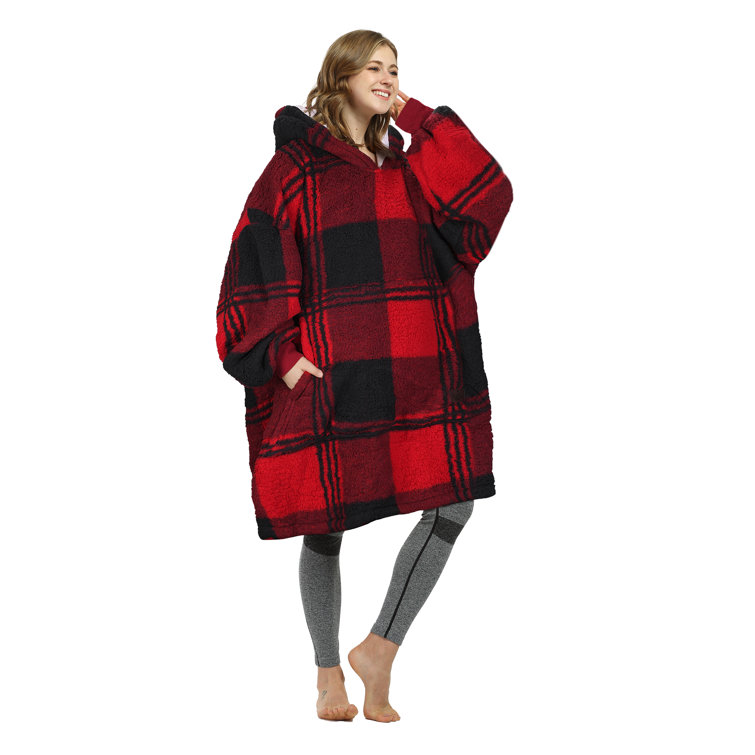 Plaid Oversized Wearable Blanket Hoodie Sweatshirt Comfortable Sherpa Lounging Pullover